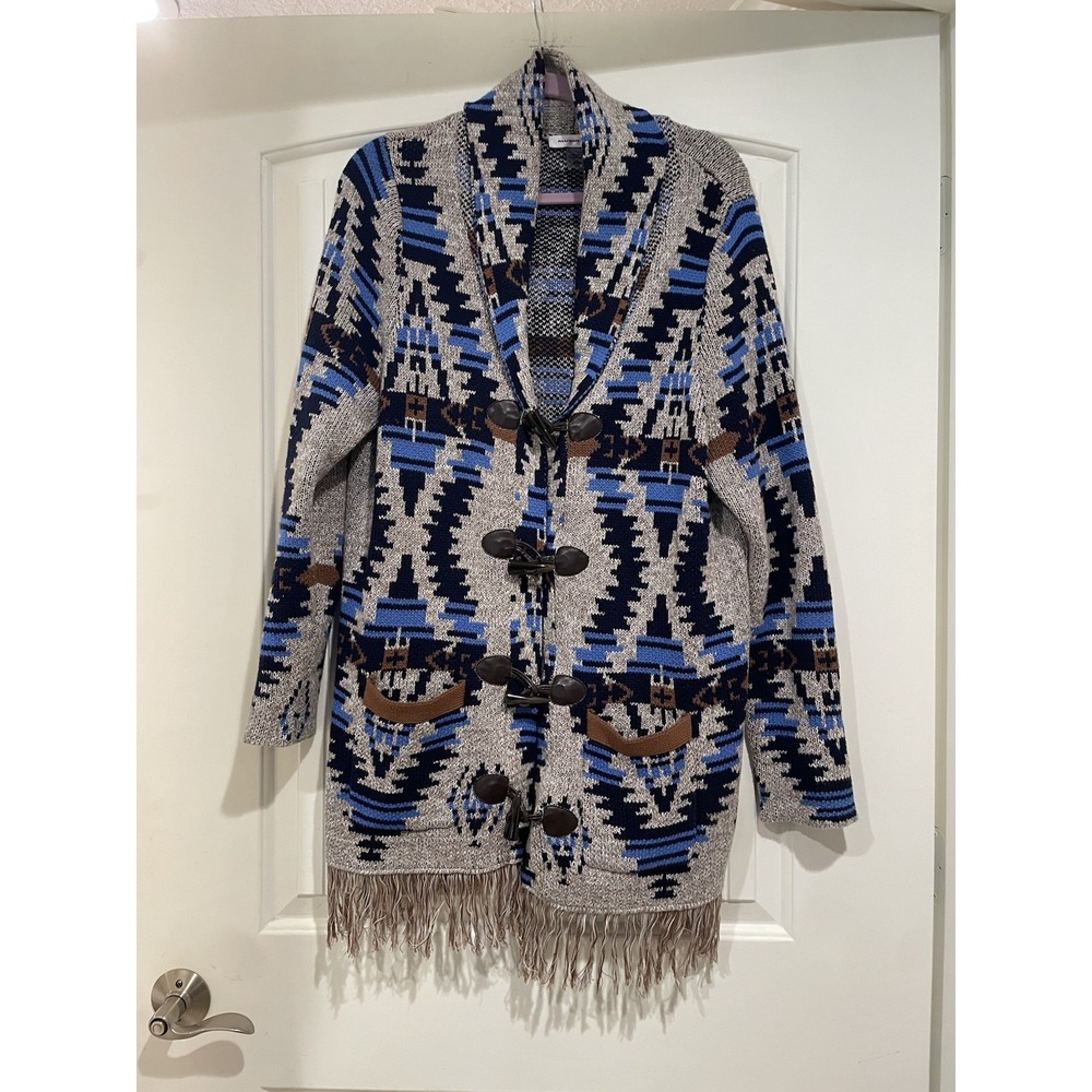 Aztec Print Fringe Trimmed Shawl Collar Cardigan Sweater Women's Size‎ Medium